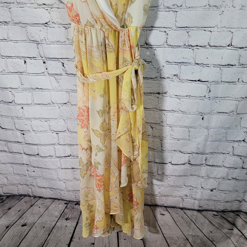 Ellen Weaver Sz‎ 10 Yellow Maxi Dress V Neckline Chiffon Summer Empire Faux Wrap - Picture 3 of 8